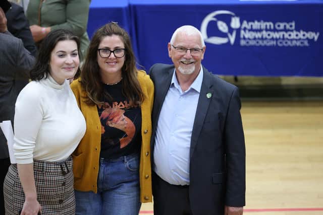 Sinn Fein's Annie O'Lone, Lucille O'Hagan and Henry Cushnahan celebrate being elected for Antrim and Newtownabbey Borough Council at the Valley Leisure Centre.(Stephen Davison/Pacemaker).