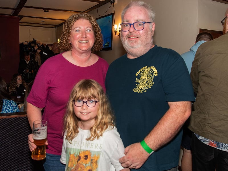 The Duffy family, mum, Diane, Dad, Liam and Charlotte (9) pictured at the Daniel Wiffen watch party in Byrne's Bar, Magheralin on Sunday. LM32-214.