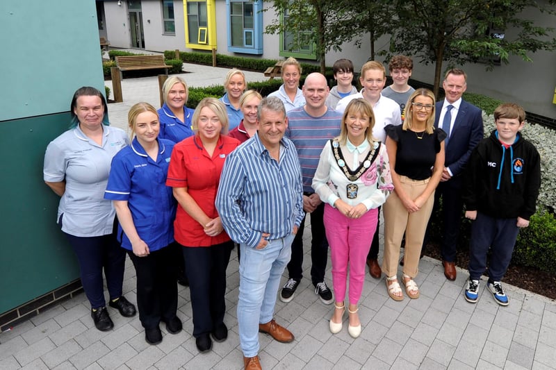The Lord Mayor, Ald Margaret Tinsley at the official opening of Blossom Children’s Ward Garden with representatives from Armagh City, Banbridge and Craigavon Borough Council, Portadown Wellness Centre, Seagoe Youth Group and Craigavon Area Hospital staff.