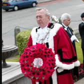 The Mayor of Craigavon Samuel Gardiner lays a wreath at Lurgan's War memorial ahead of the ceremony of granting the freedom of the borough to the RBL. PHOTO BY: NIALL MARSHALL