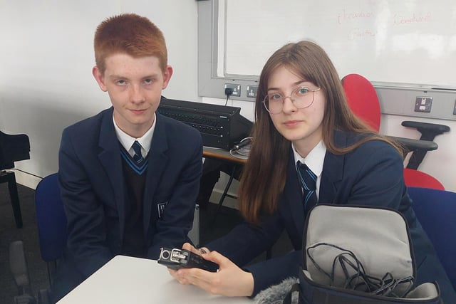 Jack Robinson and Anita Pavlenkova from Ballymoney High School who analysed film clips and used Logic Pro to create music and record sound effects for an animated film  clip during the Music workshop at Northern Regional College. Credit NRC