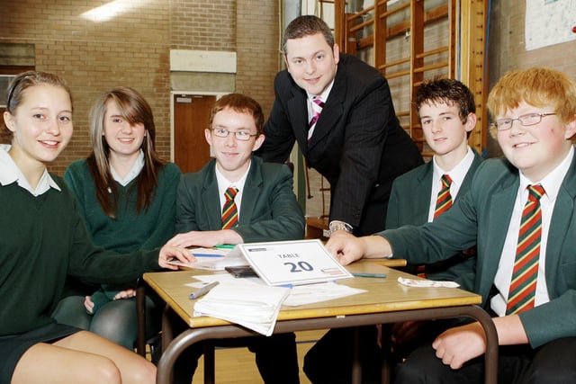 Peter Hunniford, from the Lisburn branch of Northern Bank, along with Sarah Neill, Joanna Reed, Paul Tinsley, Mark Gilmore and Matthew Hyndman, 4th year pupils at Friends School who took part in a Young Enterprise workshop in 2008