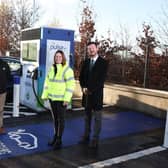 Stephen Hamilton (left) and Ron Whitten (right) from Henderson Group join Easton Boyd and Ailsa Wilkins from bp at one of the first of the new bp pulse Electric Vehicle charging points to be installed as part of the new network of ultra-fast and rapid chargers at around 100 bp and Henderson Retail sites in Northern Ireland. Picture: Darren Kidd / Press Eye