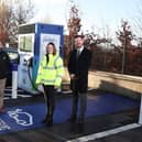 Stephen Hamilton (left) and Ron Whitten (right) from Henderson Group join Easton Boyd and Ailsa Wilkins from bp at one of the first of the new bp pulse Electric Vehicle charging points to be installed as part of the new network of ultra-fast and rapid chargers at around 100 bp and Henderson Retail sites in Northern Ireland. Picture: Darren Kidd / Press Eye