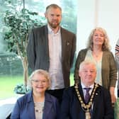 Mayor of Causeway Coast and Glens Borough Council, Councillor Steven Callaghan congratulates bursary recipients; from l-r (back row) Kenny Campbell, Noreen Kane and Thomas Mills Harris l-r (front row) Alderman Yvonne Boyle, the Mayor Councillor Steven Callaghan and Olwen Minford. Credit Causeway Coast and Glens Borough Council