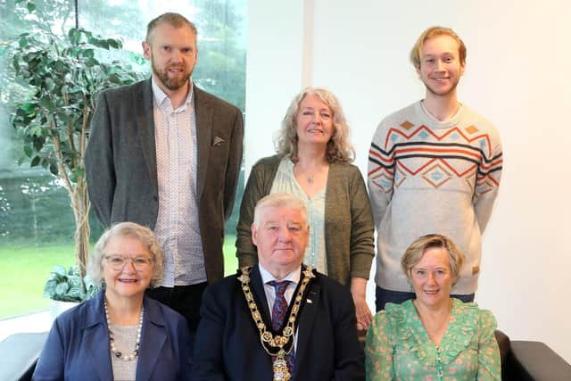 Mayor of Causeway Coast and Glens Borough Council, Councillor Steven Callaghan congratulates bursary recipients; from l-r (back row) Kenny Campbell, Noreen Kane and Thomas Mills Harris l-r (front row) Alderman Yvonne Boyle, the Mayor Councillor Steven Callaghan and Olwen Minford. Credit Causeway Coast and Glens Borough Council