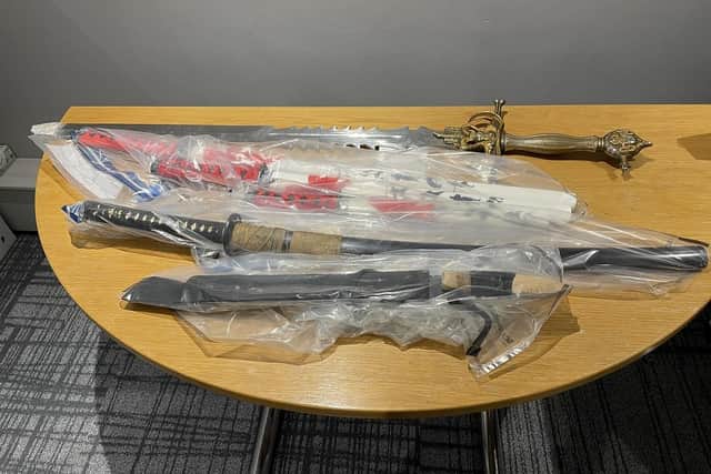 Selection of Samurai swords found during searches in Portadown, Co Armagh by the PSNI.