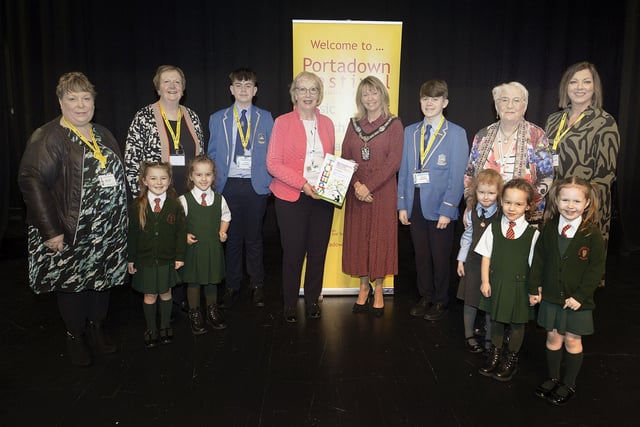 Lord Mayor of ABC Council, Alderman Margaret Tinsley pictued with adjudicators, officials, volunteers and young competitors at the opening of the 2024 Portadown Speech Festival. PT08-203.
