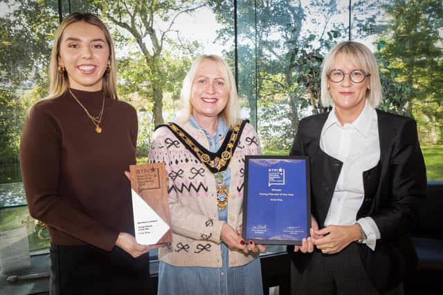 Dr Emily Wray pictured with Mayor of Causeway Coast and Glens, Councillor Dawn Huggins and Principal Planning Officer, Jennifer Lundy.