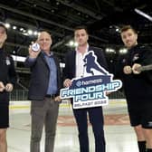 Pictured left to right, Belfast Giants defenceman, Matt Foley, Steve Thornton, head of hockey, The Odyssey Trust, Andrew Magill, Harness, Scott Conway, Belfast Giants forward, launch the Harness Friendship Four and Harness Science and Discovery Month for 2022. As the countdown for the Harness Friendship Four ice hockey tournament hots up, details have been announced for the return of W5’s popular Science and Discovery Month. Returning for its six year this November, in the run up to the Harness Friendship Four ice hockey tournament, the packed programme of workshops, shows and events will highlight innovation and discovery in science, technology, engineering and mathematics. To find out more visit www.belfastgiants.com/friendship-four. Picture by William Cherry, Press Eye