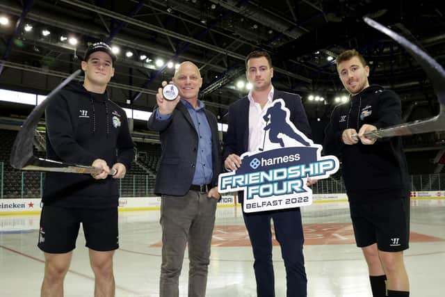 Pictured left to right, Belfast Giants defenceman, Matt Foley, Steve Thornton, head of hockey, The Odyssey Trust, Andrew Magill, Harness, Scott Conway, Belfast Giants forward, launch the Harness Friendship Four and Harness Science and Discovery Month for 2022. As the countdown for the Harness Friendship Four ice hockey tournament hots up, details have been announced for the return of W5’s popular Science and Discovery Month. Returning for its six year this November, in the run up to the Harness Friendship Four ice hockey tournament, the packed programme of workshops, shows and events will highlight innovation and discovery in science, technology, engineering and mathematics. To find out more visit www.belfastgiants.com/friendship-four. Picture by William Cherry, Press Eye