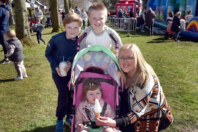 Sheena Copeland and her three children, Aodhan (10), Adam (12) and Hannah (1) pictured at the Easter Fun Day at Tannaghmore Gardens. PT15-213.