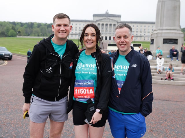 Arminas Mendelis, Ciara O’Connor and Barry Breen at the Phoenix Energy Belfast City Marathon.
