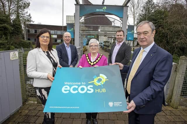 Karen Hastings, Mid and East Antrim Borough Council investment and place manager; Des Garland, regional manager Invest NI; the Deputy Mayor, Councillor Beth Adger MBE; Neil Sherrin, VP sales N. America and Carroll Falls, owner of the Secret Garden Café.
