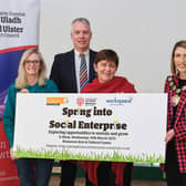 Pictured from left are Mid Ulster Council Chair Cllr Cora Corry encourages Mid Ulster Social Enterprises to sign up for the Spring into Social Enterprise event on Wednesday 29 March 2023, with Sinead Norton, Mums at Work Network, Enda Daly, Workspace Enterprises Ltd and Una Johnston, TIDAL.