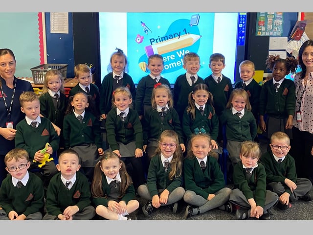 Mrs Hughes' P1 class at Drumgor Primary School, Also pictured is classroom assistant, Mrs Magennis.