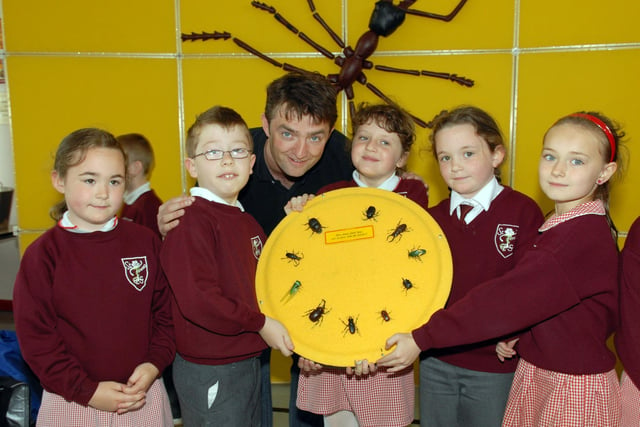 St Teresa's Primary School pupils Ellen Hoy, Oisin Mallon, Roisin Magee, Hannah Hoy and Lauryn McCabe with Cairan Mulhern from the Educate Me nature education company who visited the school in May 2007 with the Mini Beasts presentation on the worlds of bugs, worms, spiders and all manner of creepy crawley insects.