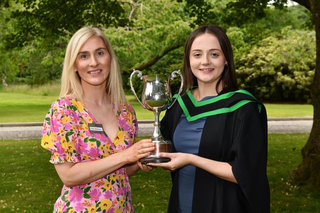 Deon Corr from Aughnacloy was presented with the Brian Scott Memorial Cup for achieving the highest marks in the final year Food degree research project. Deon graduated with a First Class Honours Degree in Food Innovation and Nutrition at CAFRE’s Graduation Ceremony. Congratulating Deon is Dr Elaine McMackin (Lecturer, CAFRE).