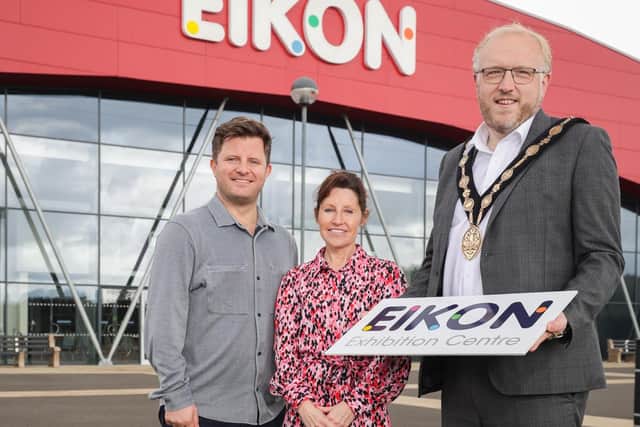 Lisburn is set to host the UK's premier touring dance convention, Can You Dance? (CYD?), when it makes its NI debut at the Eikon Centre on Sunday November 12 with 2,000 people in attendance. Pictured with Matt Flint, Co-Founder of Can You Dance? (CYD?) is Theresa Morrissey, Commercial and Financial Director of Eikon Exhibition Centre and The Mayor of Lisburn and Castlereagh City Council, Councillor Andrew Gowan. Pic credit: Brian Thompson