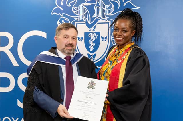 Robin Swann MLA receiving his Honorary Fellowship Award from Dr Lade Smith CBE, President of the Royal College of Psychiatrists. Credit Justin Grainge