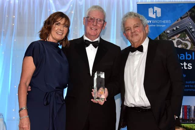 The Mid Ulster Business Awards 2023 Lifetime Achievement Award was presented by Julie McKeown HR Director, Henry Brothers, to winner, John Bosco O’Hagan, Founder and Group Chairman of The Specialist Group. Picture: Tony Hendron