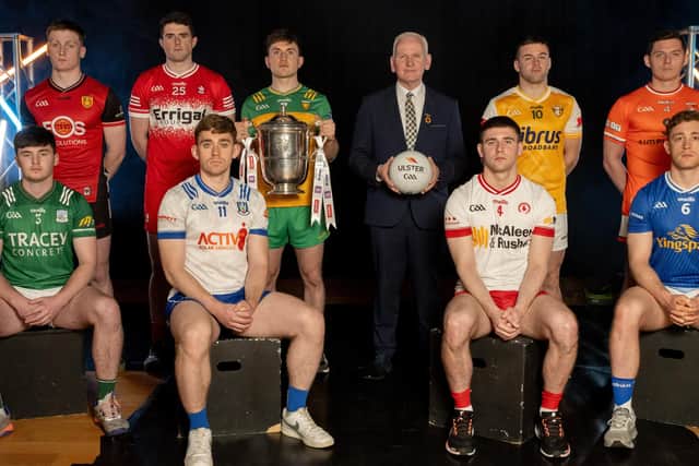 Down's Odhran Murdock (back left|) at the launch of the 2025 AIB Ulster Senior Football Championship.