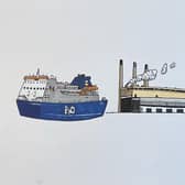 Nigel's paintings of a P&O ferry, Ballylumford Power Station and The Black Arch. (Pic: Nigel McAuley).