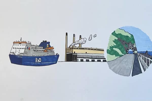 Nigel's paintings of a P&O ferry, Ballylumford Power Station and The Black Arch. (Pic: Nigel McAuley).