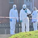 Police at the scene of the murder in Lurgan. Picture: Pacemaker