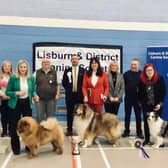 Front row left to right: Pup of the year -Mrs Olive Taylor’s Chow Chow, Dancing Queen Mi Li Pa Kennel at Taylorian, Dog of Year - Karen McDevitt & Billy Henderson’s Rough Collie, CH Denfris Discovery For Caronlea (ImpRus), Veteran of Year - A,L,&T Douglas,  (handled by Tracey Douglas, Australian Shepherd Dog, IR CH Allmark Naughty But Nice. Back row: Maud Orr (committee) Kenny Stevenson (President) Mr Alastair Baillie (Judge), Heather Salmon Wilson (Hon Secretary) Ian Wilson (Show Manager)