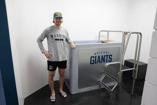 Belfast Giants' Oliver Cooper helps announce a ground-breaking new performance partnership with CET Ltd. Picture: William Cherry, Press Eye