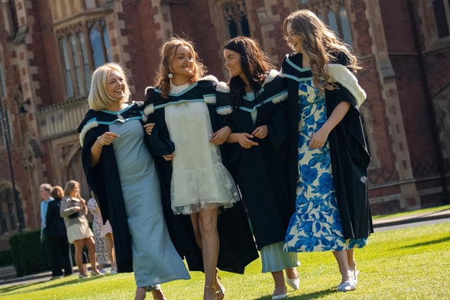 Pictured celebrating their graduation with degrees in Politics, Philosophy and Economics from Queen's University Belfast are friends Abi McGreevy, Amy Reynolds, Bronach McCann and Adrianne Moore.