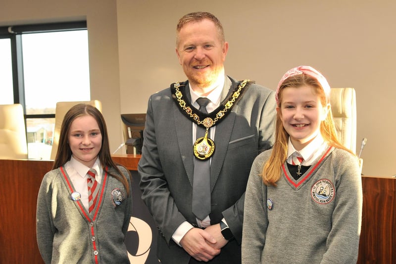 Lord Mayor of Armagh City, Banbridge and Craigavon, Councillor Paul Greenfield  with the school council chair and vice chair of the St John the Baptist Primary School, Portadown.
