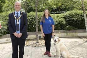 Councillor Jim Montgomery supporting the Guide Dogs charity in 2020 during his term as the Mayor of Antrim and Newtownabbey.