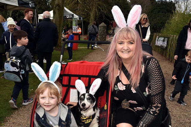 Beverley McGurgan pictured with son, Tristan and Border Collie, Lucy dressed for the occasion at the ABC Council Easter Trail and Fun Day at Tannaghmore Gardens. PT15-201.