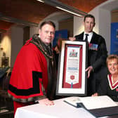 His Majesty’s Lord-Lieutenant of County Antrim, Mr David McCorkell KStJ; Mayor of Antrim and Newtownabbey, Councillor Mark Cooper BEM; Freeman of Antrim and Newtownabbey, Mrs Jacqui Dixon MBE DL and Chief Executive of Antrim and Newtownabbey Borough Council, Mr Richard Baker GM pictured at the Freedom of the Borough event held in Mossley Mill. Picture: Stephen Davison / Pacemaker