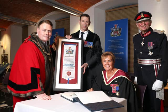 His Majesty’s Lord-Lieutenant of County Antrim, Mr David McCorkell KStJ; Mayor of Antrim and Newtownabbey, Councillor Mark Cooper BEM; Freeman of Antrim and Newtownabbey, Mrs Jacqui Dixon MBE DL and Chief Executive of Antrim and Newtownabbey Borough Council, Mr Richard Baker GM pictured at the Freedom of the Borough event held in Mossley Mill. Picture: Stephen Davison / Pacemaker