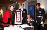 His Majesty’s Lord-Lieutenant of County Antrim, Mr David McCorkell KStJ; Mayor of Antrim and Newtownabbey, Councillor Mark Cooper BEM; Freeman of Antrim and Newtownabbey, Mrs Jacqui Dixon MBE DL and Chief Executive of Antrim and Newtownabbey Borough Council, Mr Richard Baker GM pictured at the Freedom of the Borough event held in Mossley Mill. Picture: Stephen Davison / Pacemaker