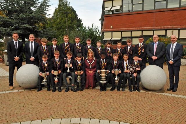 Lord Mayor of Armagh City, Banbridge and Craigavon, Alderman Margaret Tinsley welcomes the Lurgan Junior High School Year 9 and Year 10 Teams who won the Northern Ireland Cup and each won the League and Cup competitions. Included are, Mr James McCoy, principal; Mr John Guy and Mr Josh Black, coaches and Councillor Peter Haire who proposed the reception.