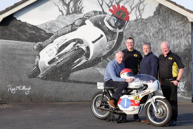 The countdown is on for this year’s Armoy Road Races, which takes place on Friday 25th July and Saturday 26th July, with a strong lineup of sponsors supporting the event. Davey Chambers, third from left, owner of Brap Moto, joint sponsor of the Senior Support Race alongside Park Electrical Services, is pictured alongside motorcycle road racer, Ray McCullough, AMRRC Chairman, Gareth McAuley and Clerk of Course, William Munnis. CREDIT AMRRC