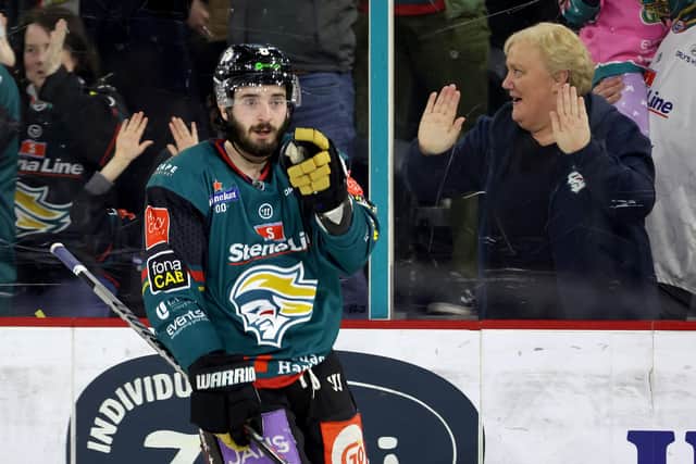 Belfast Giants’ Jeff Baum celebrates scoring against Guildford Flames during Saturday night’s Elite Ice Hockey League game at the SSE Arena, Belfast. Photo by William Cherry/Presseye