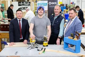 Pictured at the launch of SkillBuild NI Regional Competition 2025 are (l-r): Martin Flynn, Chief Executive OCN; Caine Tait, Carpentry and Joinery student SERC; Francis Rice, Principal Lecturer, Construction Trades SERC and Barry Neilson OBE, Chief Executive CITB NI.