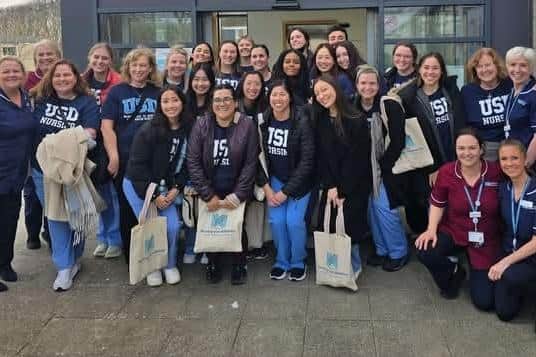 Final year Nursing students from the University of San Diego are welcomed to the Ulster Hospital. Pic credit: SEHSCT