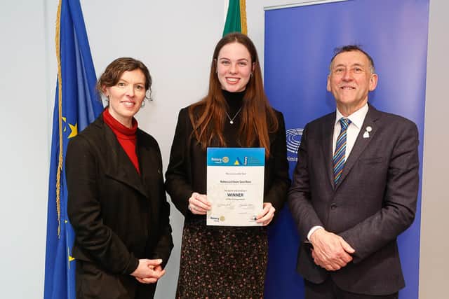 Rebecca Ross receiving her Rotary Youth Leadership Development Competition award from Fionnuala Croker, Acting Head of Office,  the European Parliament Office in Dublin and Seamus Parle, District Governor of Rotary Ireland,  at an event at Europe House in Dublin recently. [Photo: Stephen McCracken Photography]