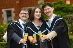 Lewis Hamilton (Belfast), Beth Boyd (Ards) and Michael Connolly (Donegal) celebrate their degrees in International Business with Spanish.