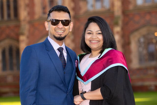 Monzila Chowdhury from Bangladesh graduating from Queen's with a Master's in Construction and Project Management. She is pictured with her husband.