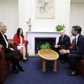 First Minister Michelle O'Neill and Deputy First Minister Emma Little-Pengelly greet Prime Minister Rishi Sunak and Secretary of State Chris Heaton-Harris at Stormont Castle. Photo by Kelvin Boyes / Press Eye