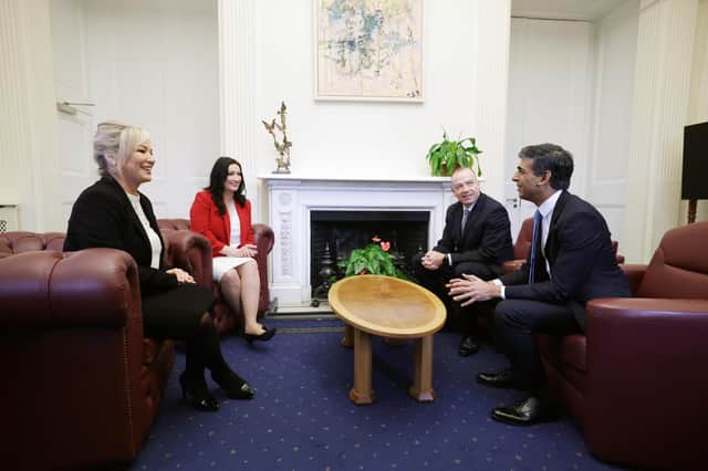 First Minister Michelle O'Neill and Deputy First Minister Emma Little-Pengelly greet Prime Minister Rishi Sunak and Secretary of State Chris Heaton-Harris at Stormont Castle. Photo by Kelvin Boyes / Press Eye