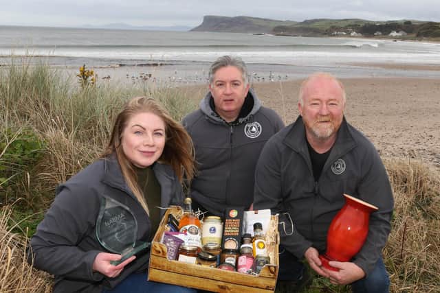 Richard Phelan and  Eoin McConnell producers from Naturally North Coast & Glens Market with Shauna McFall. PICTURE KEVIN MCAULEY/MCAULEY MULTIMEDIA