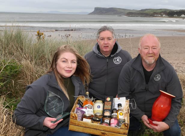 Richard Phelan and  Eoin McConnell producers from Naturally North Coast & Glens Market with Shauna McFall. PICTURE KEVIN MCAULEY/MCAULEY MULTIMEDIA